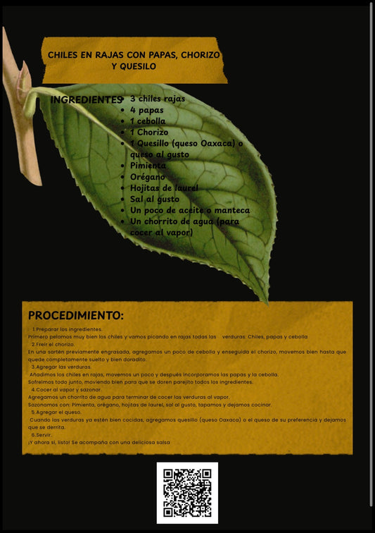 CALENDARIO YEYE CHILES EN RAJAS CON PAPAS,CHORIZO Y QUESILLO.